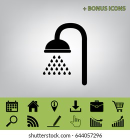 Shower sign. Vector. Black icon at gray background with bonus icons 