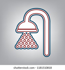 Shower sign. Vector. Dark red, transparent and midnight green stroke of white icon at grayish background.