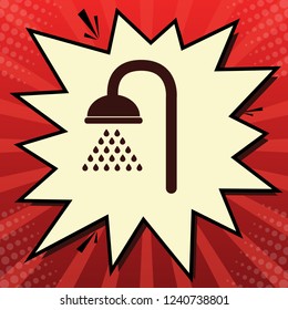 Shower sign. Vector. Dark red icon in lemon chiffon shutter bubble at red popart background with rays.