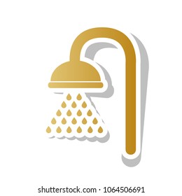 Shower sign. Vector. Golden gradient icon with white contour and rotated gray shadow at white background.