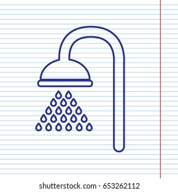 Shower sign. Vector. Navy line icon on notebook paper as background with red line for field.