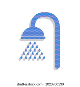 Shower sign. Vector. Neon blue icon with cyclamen polka dots pattern with light gray shadow on white background. Isolated.