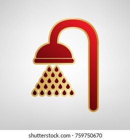 Shower sign. Vector. Red icon on gold sticker at light gray background.
