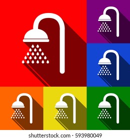 Shower sign. Vector. Set of icons with flat shadows at red, orange, yellow, green, blue and violet background.