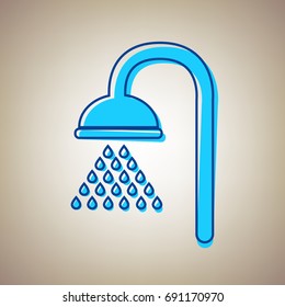Shower sign. Vector. Sky blue icon with defected blue contour on beige background.