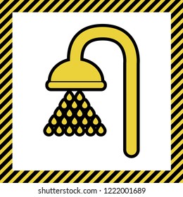 Shower sign. Vector. Warm yellow icon with black contour in frame named as under construction at white background. Isolated.