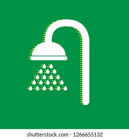 Shower sign. Vector. White flat icon with yellow striped shadow at green background.