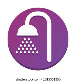 Shower sign. Vector. White icon with flat shadow on purpureus circle at white background. Isolated.