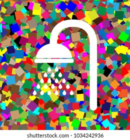 Shower sign. Vector. White icon on colorful background with seamless pattern from squares.