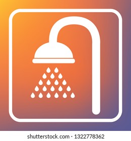 Shower sign. Vector. White icon on transparent button at orange-violet gradient background.