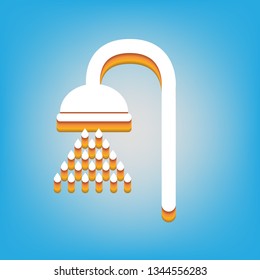 Shower sign. Vector. White icon with 3d warm-colored gradient body at sky blue background.