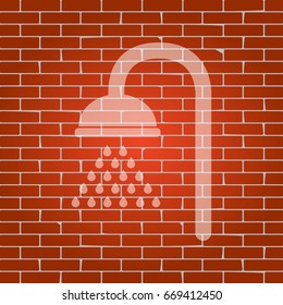 Shower sign. Vector. Whitish icon on brick wall as background.