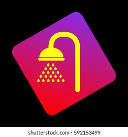 Shower sign. Vector. Yellow icon at violet-red gradient square with rounded corners rotated for dynamics on black background.
