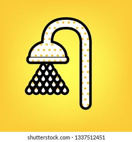 Shower sign. Vector. Yellow polka dot white icon with black contour at warm yellow background.