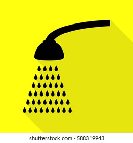 Shower simple sign. Black icon with flat style shadow path on yellow background.