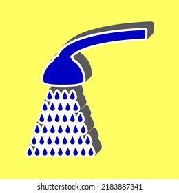 Señal simple de ducha. Icono azul con trazo blanco en 3d en fondo amarillo. Ilustración.