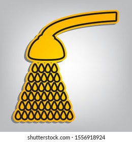 Shower simple sign. Flat orange icon with overlapping linear black icon with gray shadow at whitish background. Illustration.