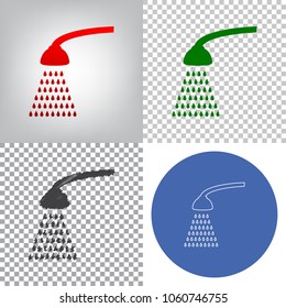 Shower simple sign. Vector. 4 styles. Red gradient in radial lighted background, green flat and gray scribble icons on transparent and linear one in blue circle.