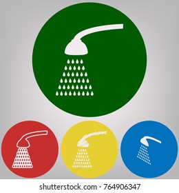 Shower simple sign. Vector. 4 white styles of icon at 4 colored circles on light gray background.