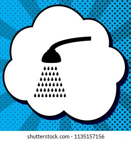 Shower simple sign. Vector. Black icon in bubble on blue pop-art background with rays.