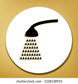 Shower simple sign. Vector. Black icon with light brown shadow in white circle with shaped ring at golden background.