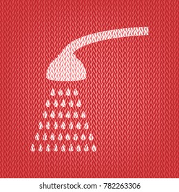 Shower simple sign. Vector. Knitted white icon on a red knitted background.