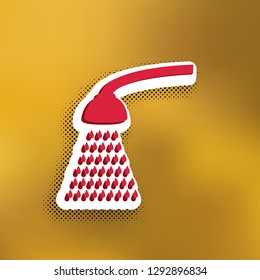 Shower simple sign. Vector. Magenta icon with darker shadow, white sticker and black popart shadow on golden background.