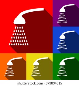 Shower simple sign. Vector. Set of icons with flat shadows at red, orange, yellow, green, blue and violet background.
