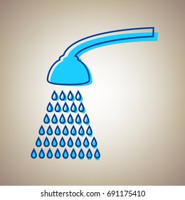 Shower simple sign. Vector. Sky blue icon with defected blue contour on beige background.