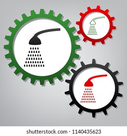 Shower simple sign. Vector. Three connected gears with icons at grayish background.