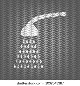 Shower simple sign. Vector. White knitted icon on gray knitted background. Isolated.