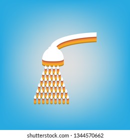 Shower simple sign. Vector. White icon with 3d warm-colored gradient body at sky blue background.
