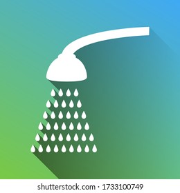 Shower simple sign. White Icon with gray dropped limitless shadow on green to blue background. Illustration.