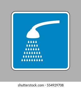 Shower simple sign. White icon on blue sign as background.
