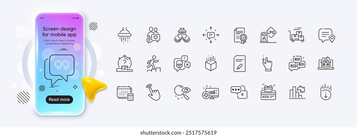 Iconos de la línea de la ducha, del SMS y del examen para el App del Web. Pantalla de degradado de maqueta de teléfono. Paquete de Leader run, tarjeta de lealtad, iconos de pictogramas de agentes inmobiliarios. Ataque cibernético, Cuenta, señales de Cursor. Vector