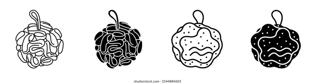 Shower sponge ball icon collection in black and white filled and solid vector style.