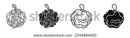 Shower sponge ball icon collection in black and white filled and solid vector style.