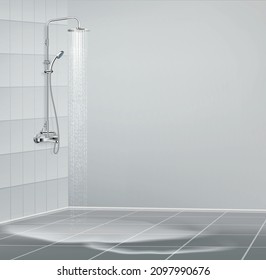 Shower system composition with indoor view of bathroom with tile on walls wet floor and rinse vector illutration