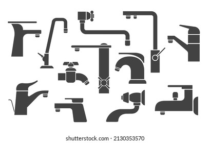 Dahinhahn mit Dusche. Wassermischer-Icon-Set, Faucet-Silhouetten, Metallbadewanne-Armaturen einzeln, Wasserhahn-Mixer-Symbole Vektorgrafik