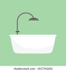 Shower taps and bathtub. Bathroom interior. Comfortable equipment for bathing and relaxing. Design modern bathroom vector flat cartoon illustration isolated on light green background