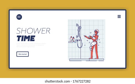 Shower time landing page design with happy african american man take shower singing and dancing. Cheerful guy in foam relaxing in bathroom. Cartoon linear vector illustration