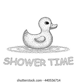 Shower time. Stylized yellow duck toy icon. Vector vintage illustration in pointillism style