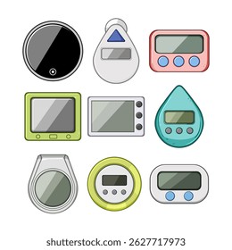 Guardar Conjunto de temporizador de ducha de dibujos animados. eco, duración límite, eficacia gadget signo de temporizador de ducha. símbolo aislado Ilustración vectorial