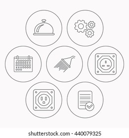 Shower, UK socket and USA socket icons. Reception bell linear sign. Check file, calendar and cogwheel icons. Vector