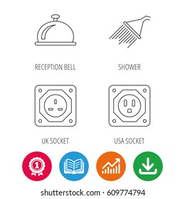Shower, UK socket and USA socket icons. Reception bell linear sign. Award medal, growth chart and opened book web icons. Download arrow. Vector