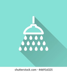Shower vector icon with long shadow. White illustration isolated on green background for graphic and web design.