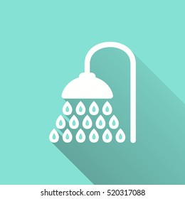 Shower vector icon with long shadow. White illustration isolated on green background for graphic and web design.