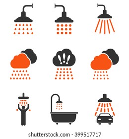 Shower vector icon set. Style is bicolor orange and gray flat symbols isolated on a white background.