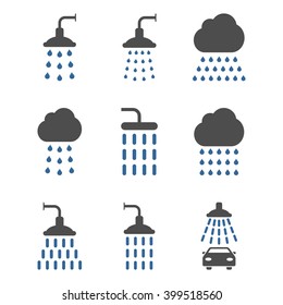 Shower vector icon set. Style is bicolor cobalt and gray flat symbols isolated on a white background.