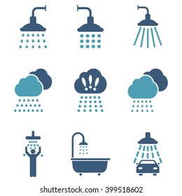 Shower vector icon set. Style is bicolor cyan and blue flat symbols isolated on a white background.
